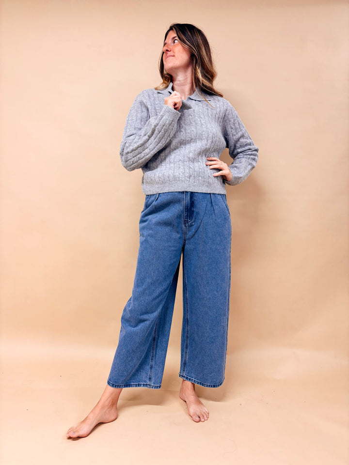 Ella Cable Knit Collared V-Neck Sweater