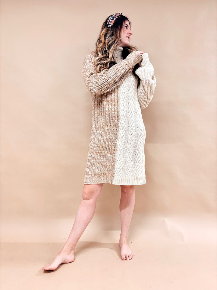 Haven Color Block Turtleneck Cable Knit Dress
