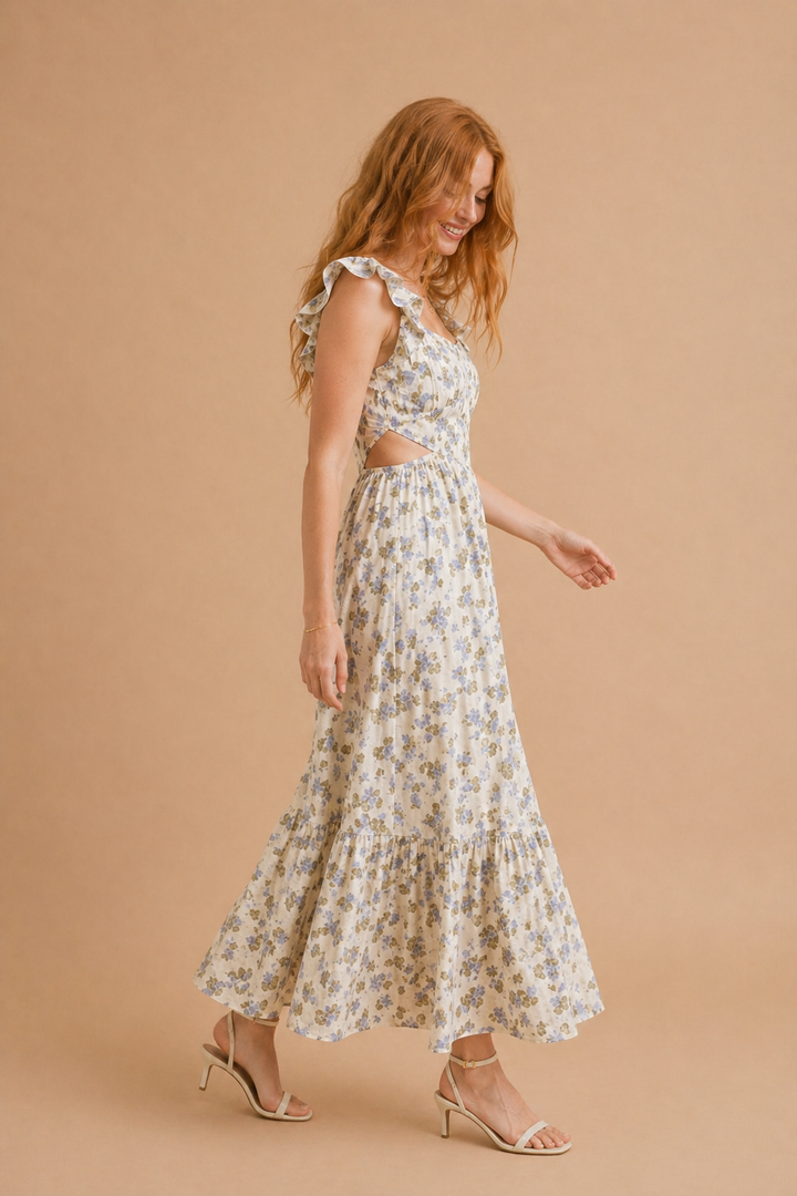 Daphne Floral Print Square Neck Ruffle Sleeve Dress