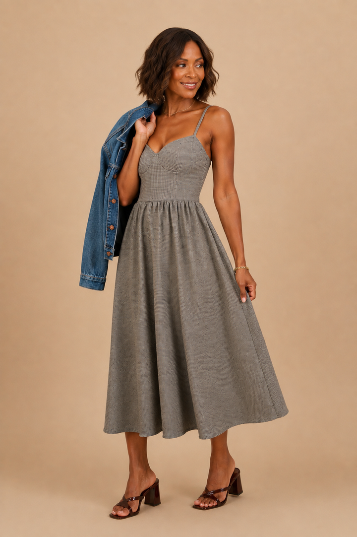 Arielle Houndstooth Plaid Midi Dress