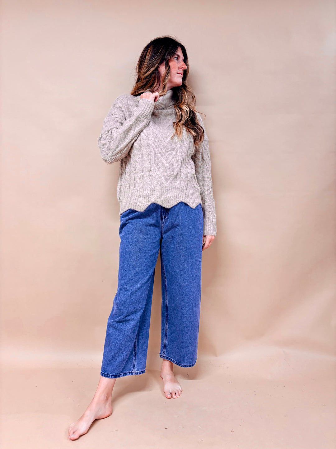 Naomi Cable Knit Scalloped Hem Turtleneck Sweater