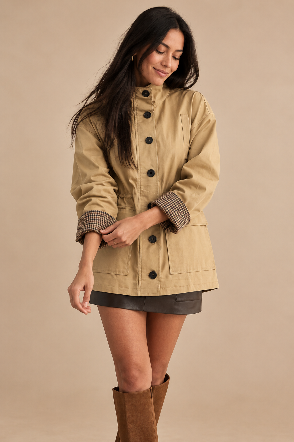 Heather High Neck Drawstring Waist Utility Jacket