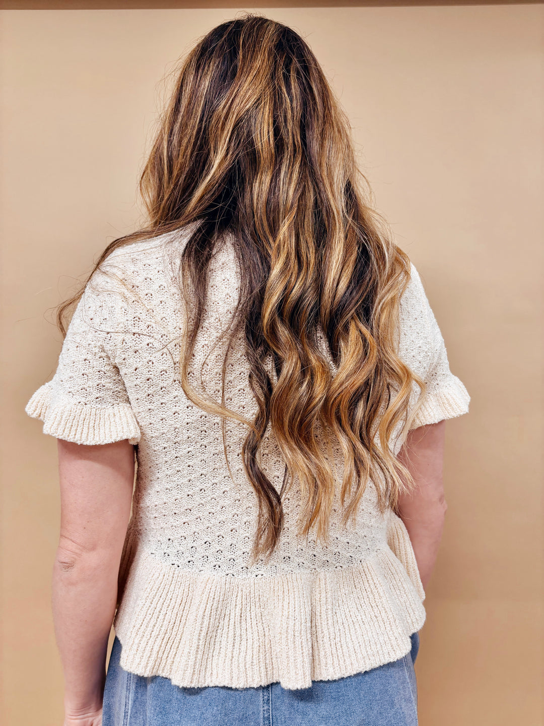 Quinn Pointelle Knit Ruffle Detail Sweater Top