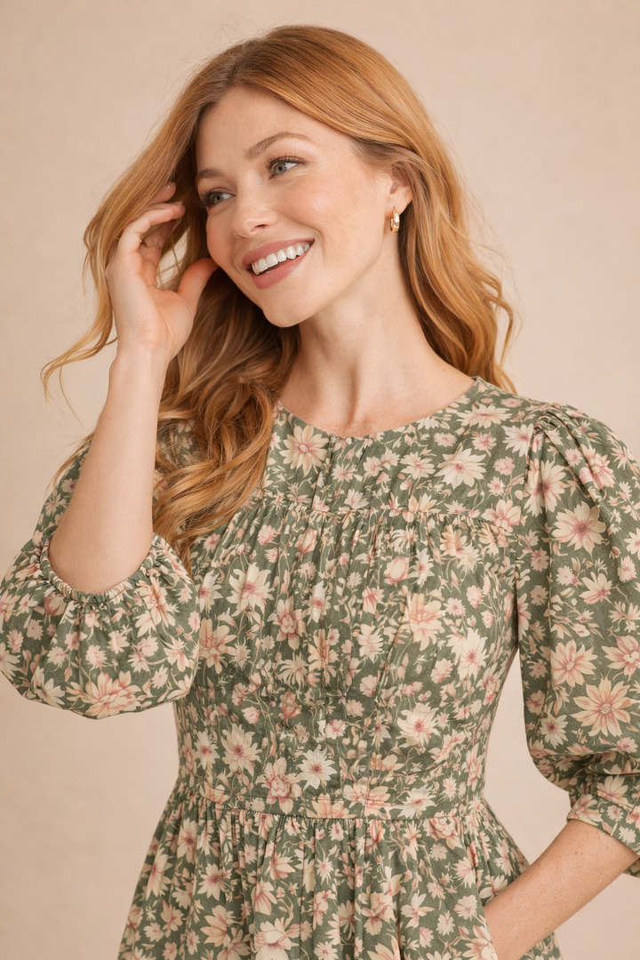 Nora Floral Print Pleated Waist Midi Dress