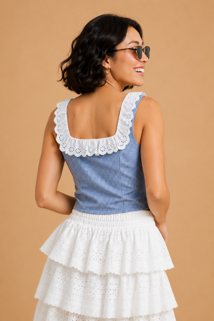 Delaney Gingham Lace Hem Neck Button Down Top