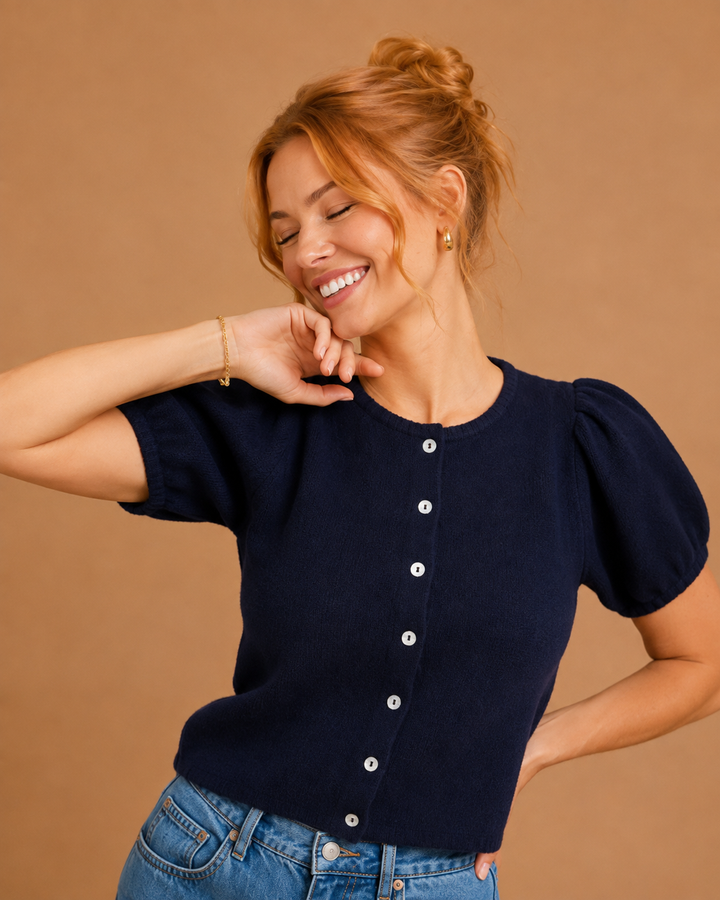 Harper Puff Sleeve Crew Neck Button Down Knit Top