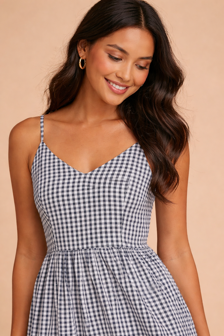 Josephine Embroidered Scallop Hem Gingham Midi Dress