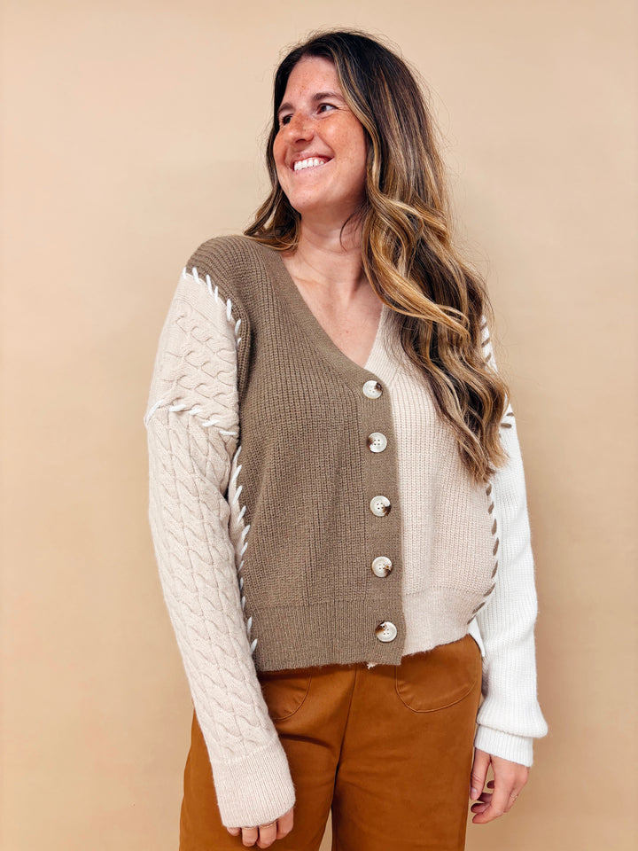 Lilliane Colorblock Stitch Hem Cardigan Sweater