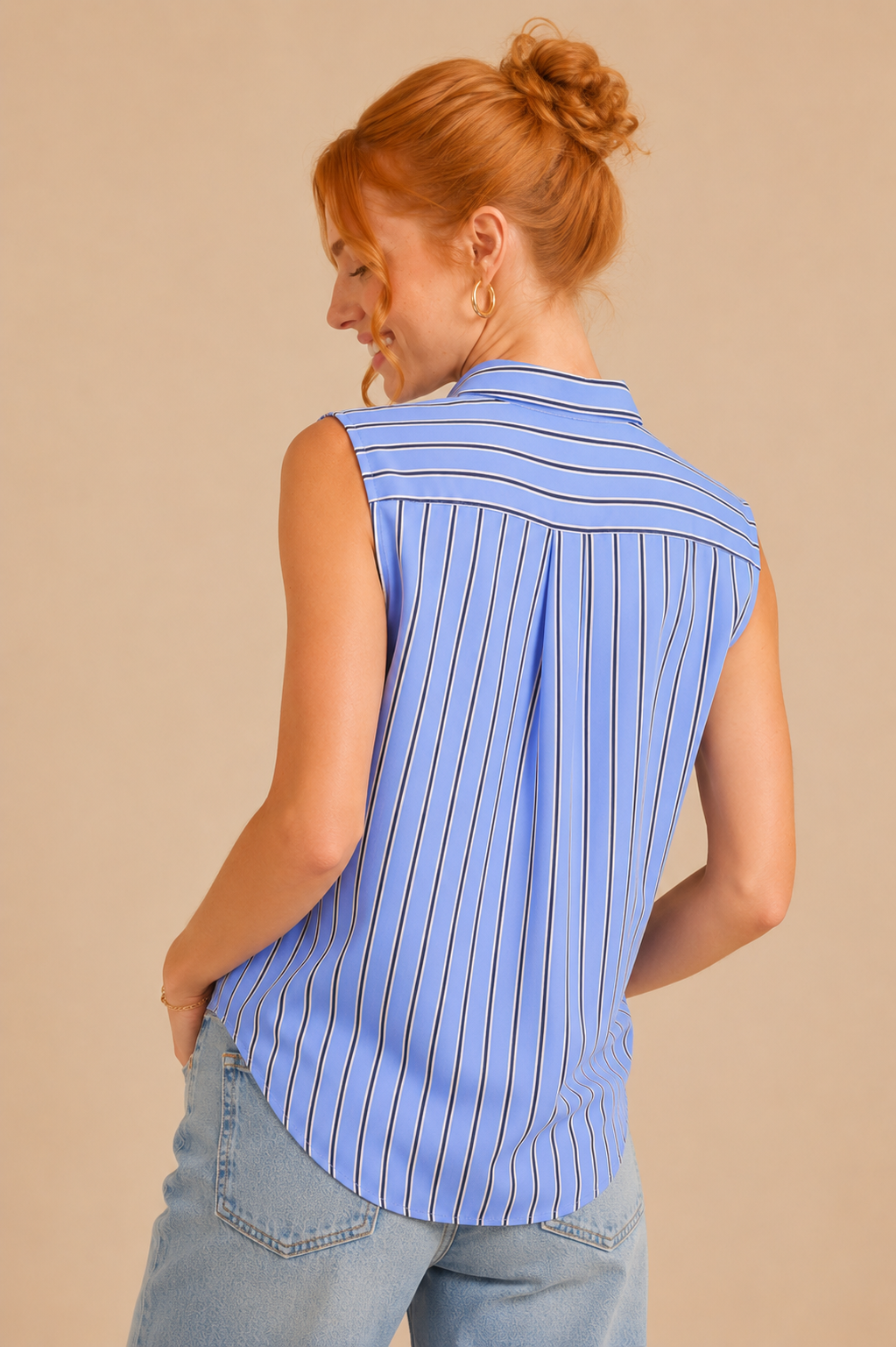Jade Striped Sleeveless Button Down Shirt