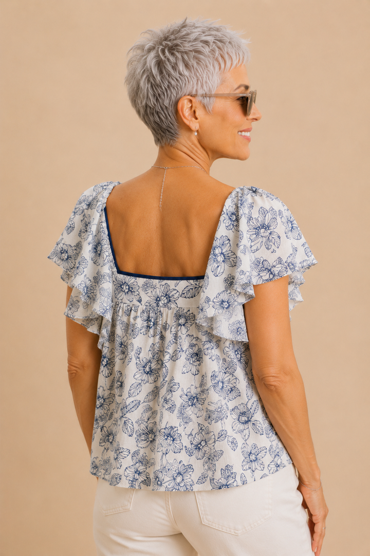 Adeline Sunlit Floral Ruffle Sleeve Crinkled Top