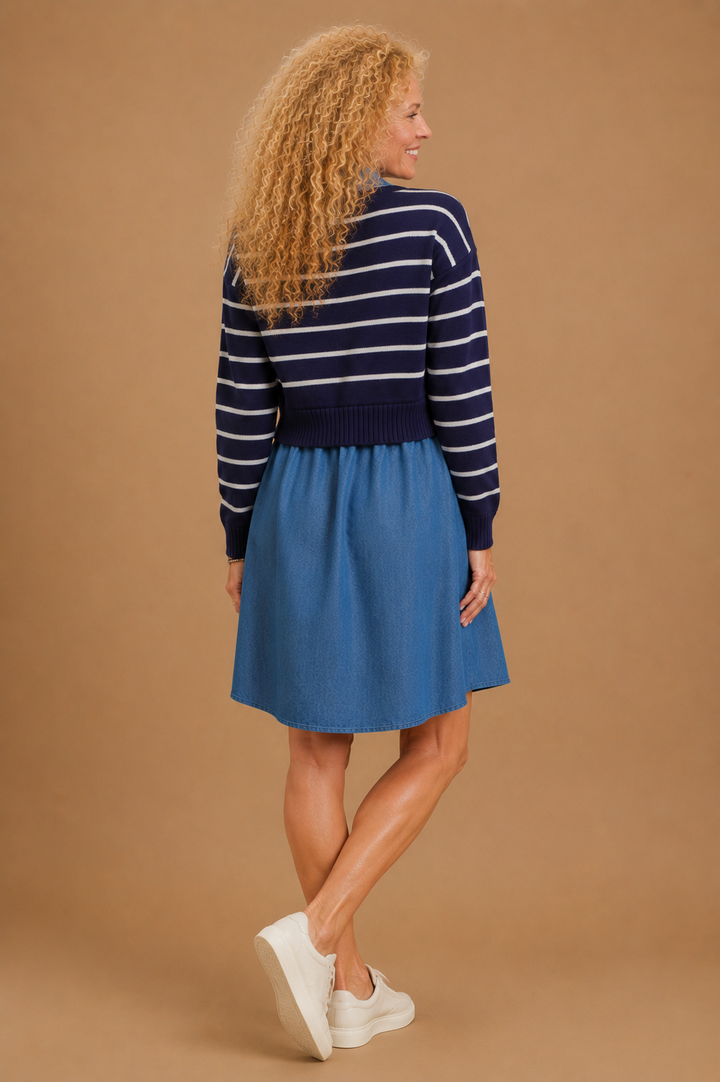 Kendra Striped Detachable Collar Mixed Media Mini Dress