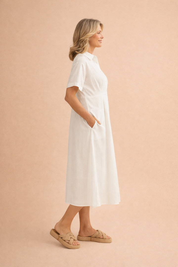 Florence Pleat Detail Button Down Monochromatic Striped Midi Dress