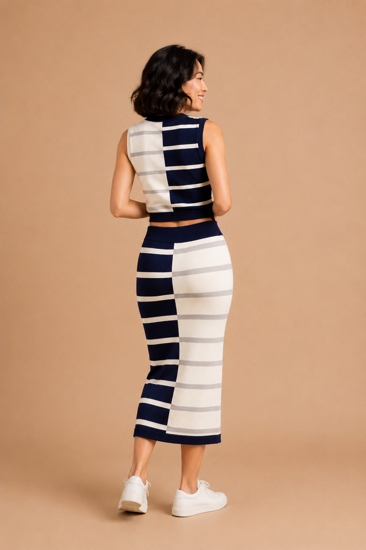 Noemi Coastal Color-Block Striped Knit Midi Skirt