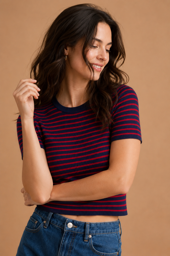 Briar Stripe Ribbed Knit Short Sleeve Top