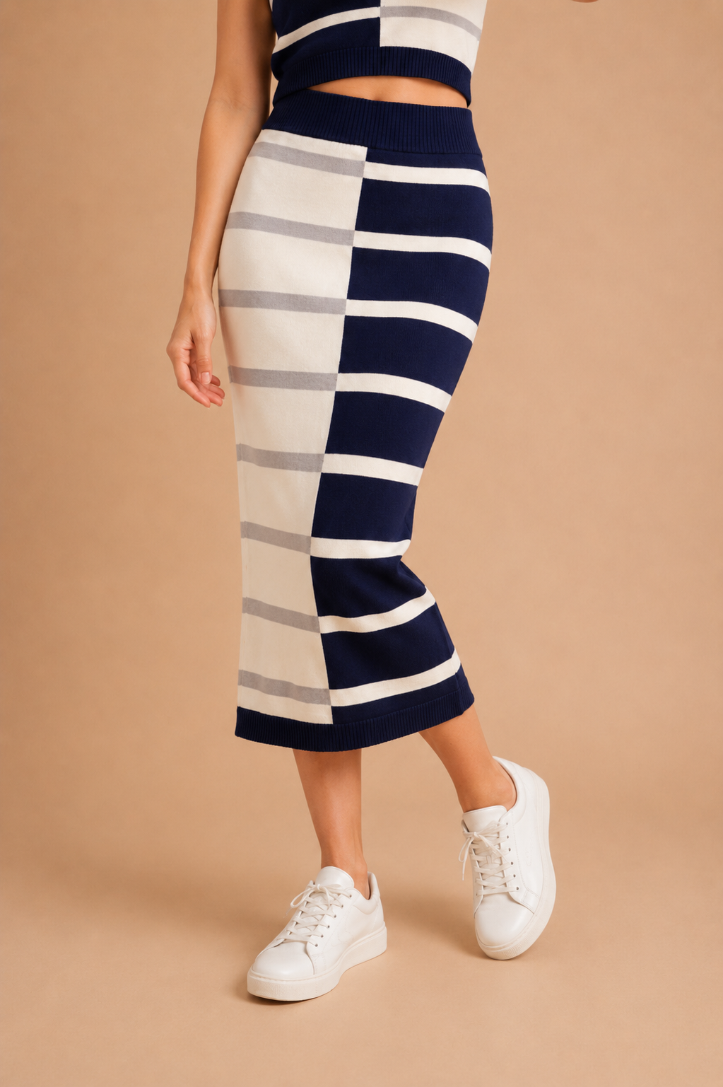 Noemi Coastal Color-Block Striped Knit Midi Skirt