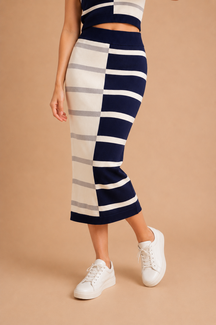 Noemi Coastal Color-Block Striped Knit Midi Skirt