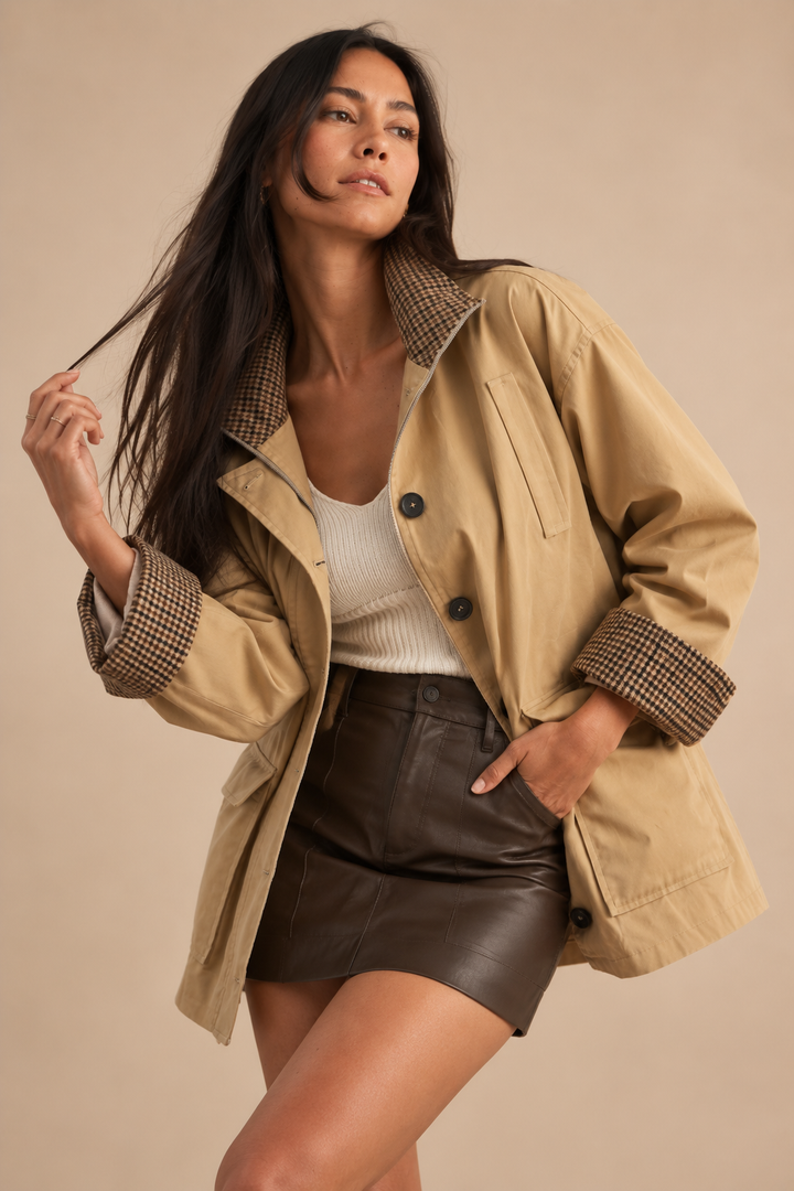 Heather High Neck Drawstring Waist Utility Jacket