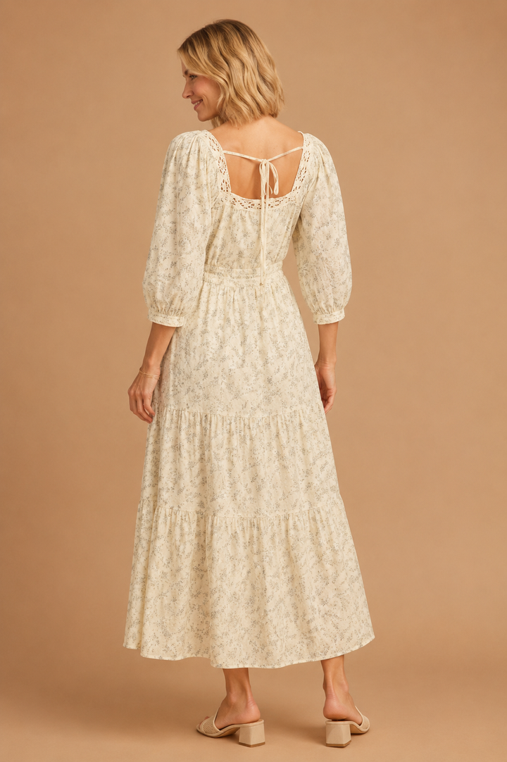 Gigi Floral Print Lace Trimmed Square Neck Maxi Dress