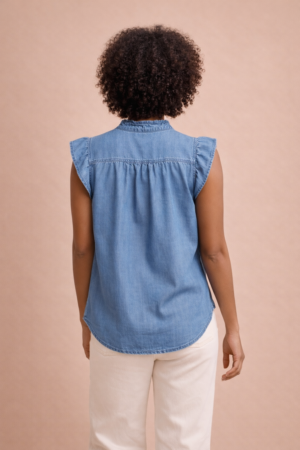 Skylar Denim Ruffle Sleeve Button-Up Blouse