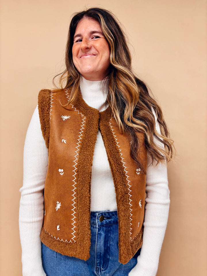 Charlotte Embroidered Suede Sherpa Lined Vest