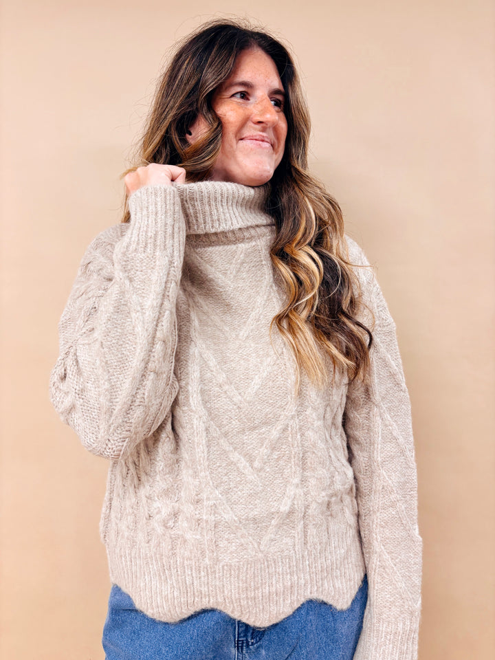 Naomi Cable Knit Scalloped Hem Turtleneck Sweater