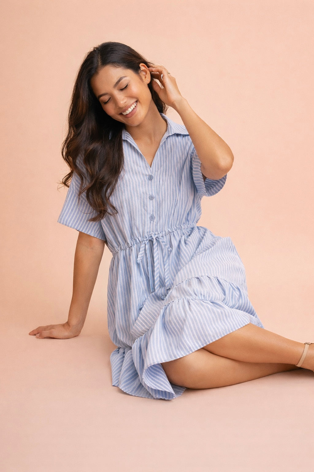 Madeline Drawstring Waist Tie Stripe Midi Dress