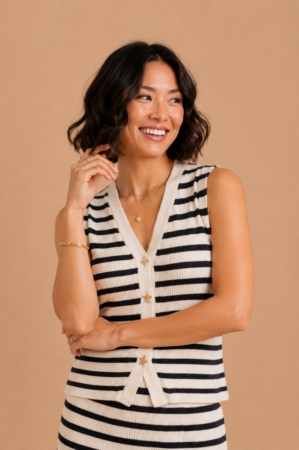 Marisol Coastal Starfish Button Striped Knit Vest