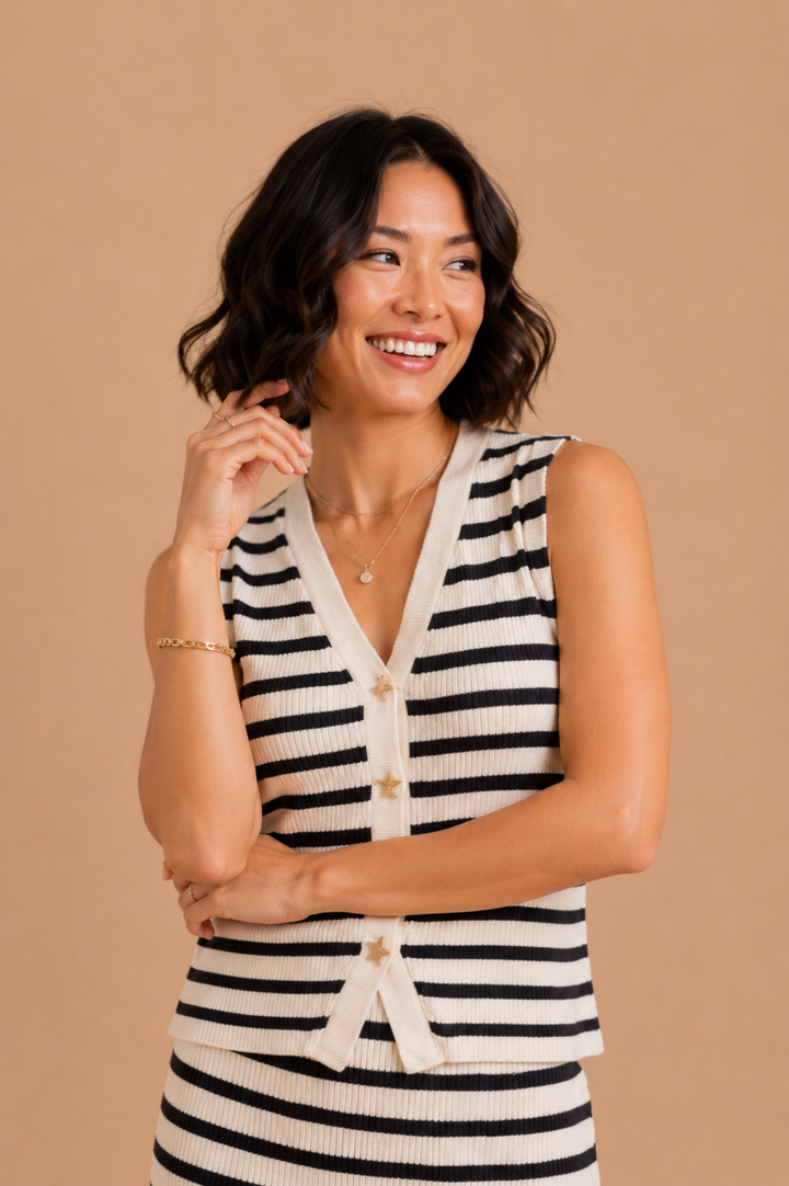 Marisol Coastal Starfish Button Striped Knit Vest