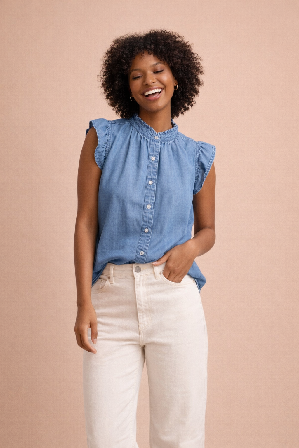 Skylar Denim Ruffle Sleeve Button-Up Blouse