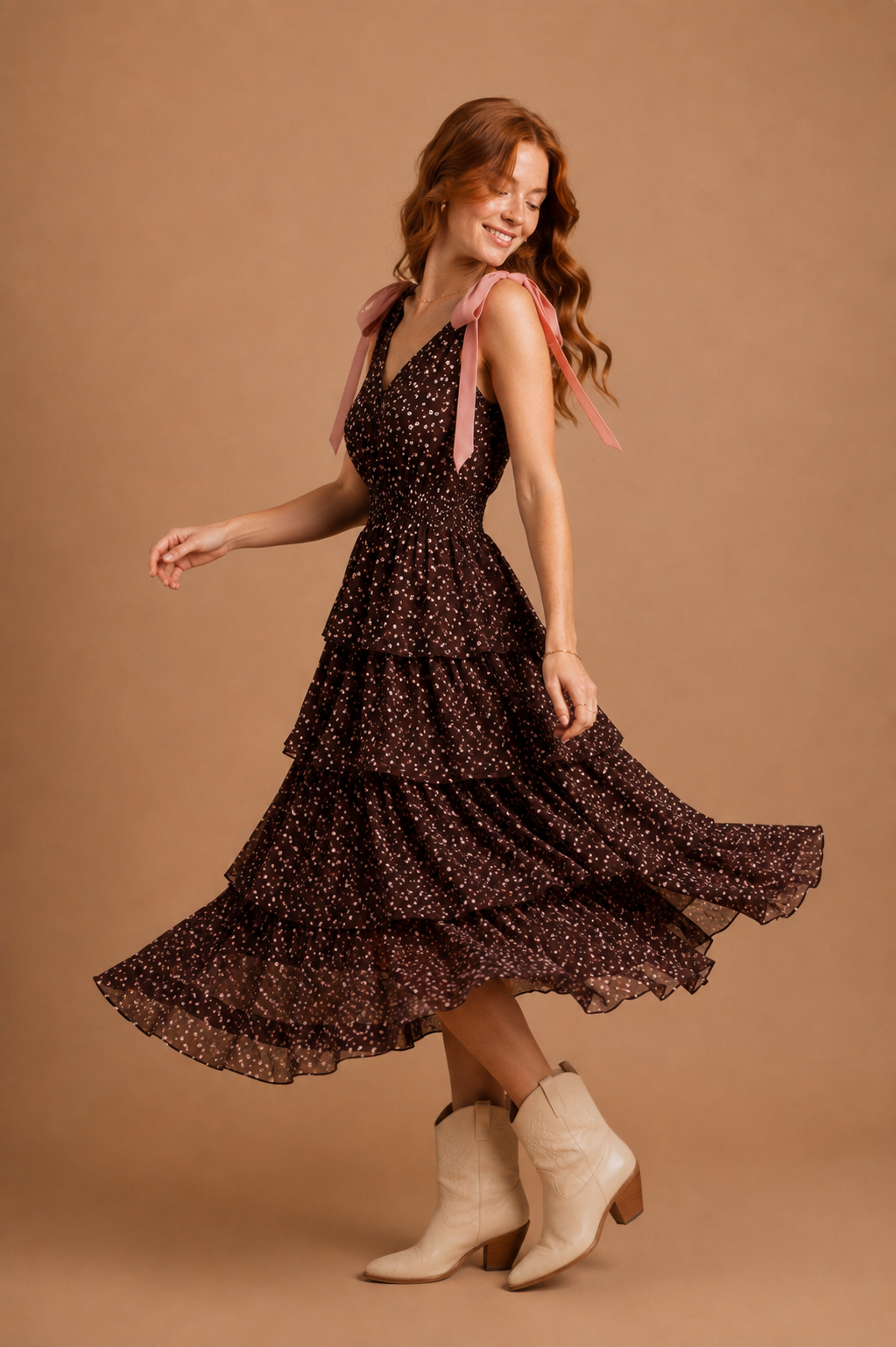 Leona Whispering Petals Textured Chiffon Tie Shoulder Maxi Dress