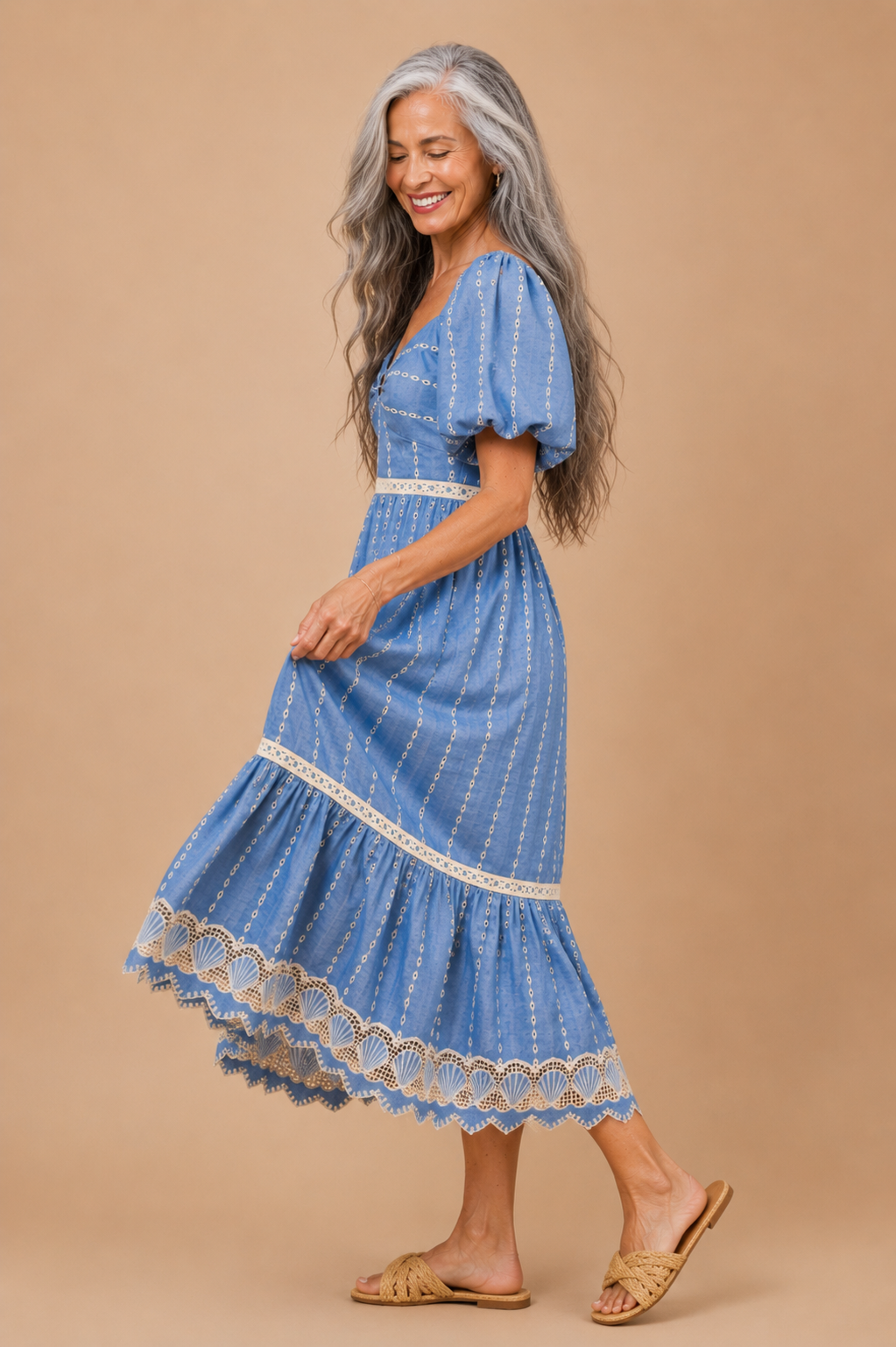 Valerie Embroidered Eyelet Seashell Hem Midi Dress