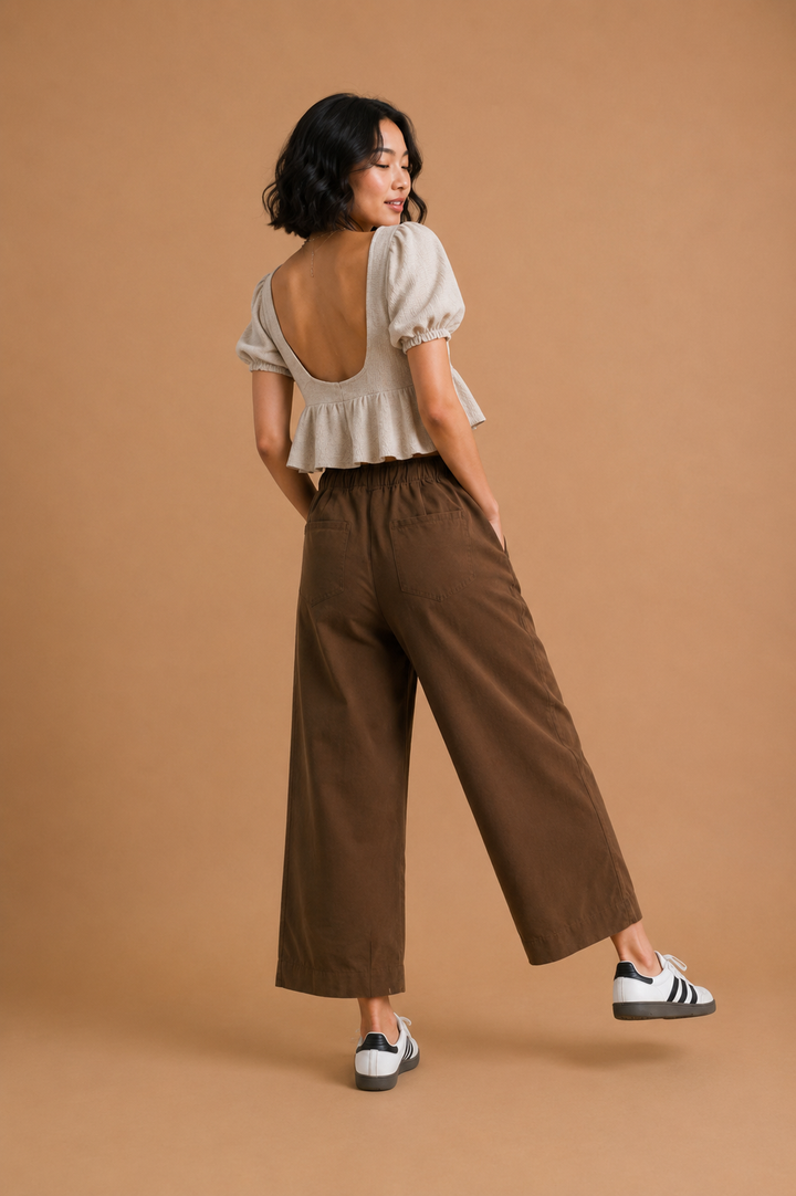 Callie Twill Wide Leg Pants With Drawstring Tie