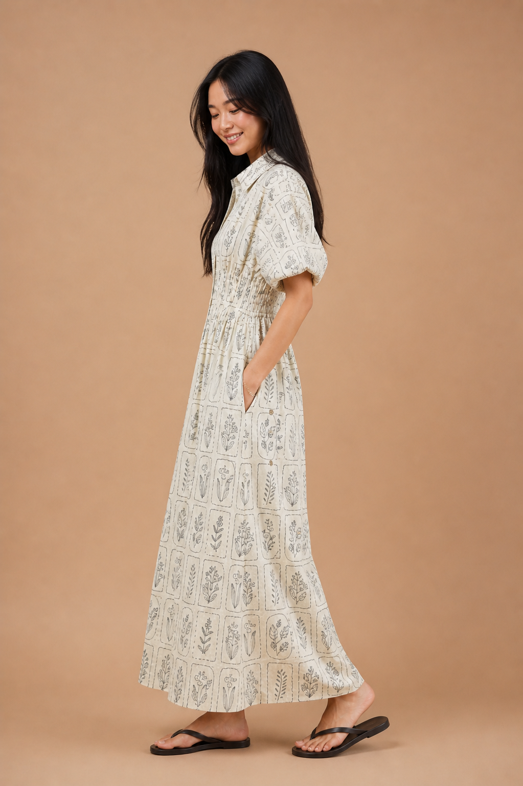 Fiona Garden Plant Print Button Front Shirt Dress