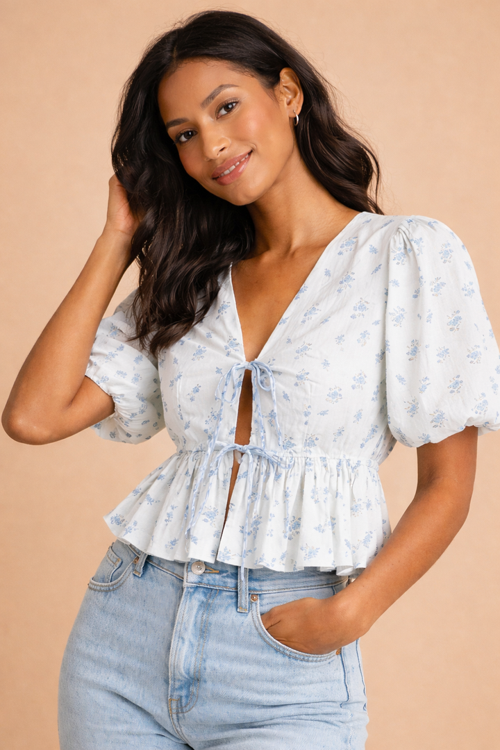 Bailee Ditzy Floral Bow Tie Front Peplum Top