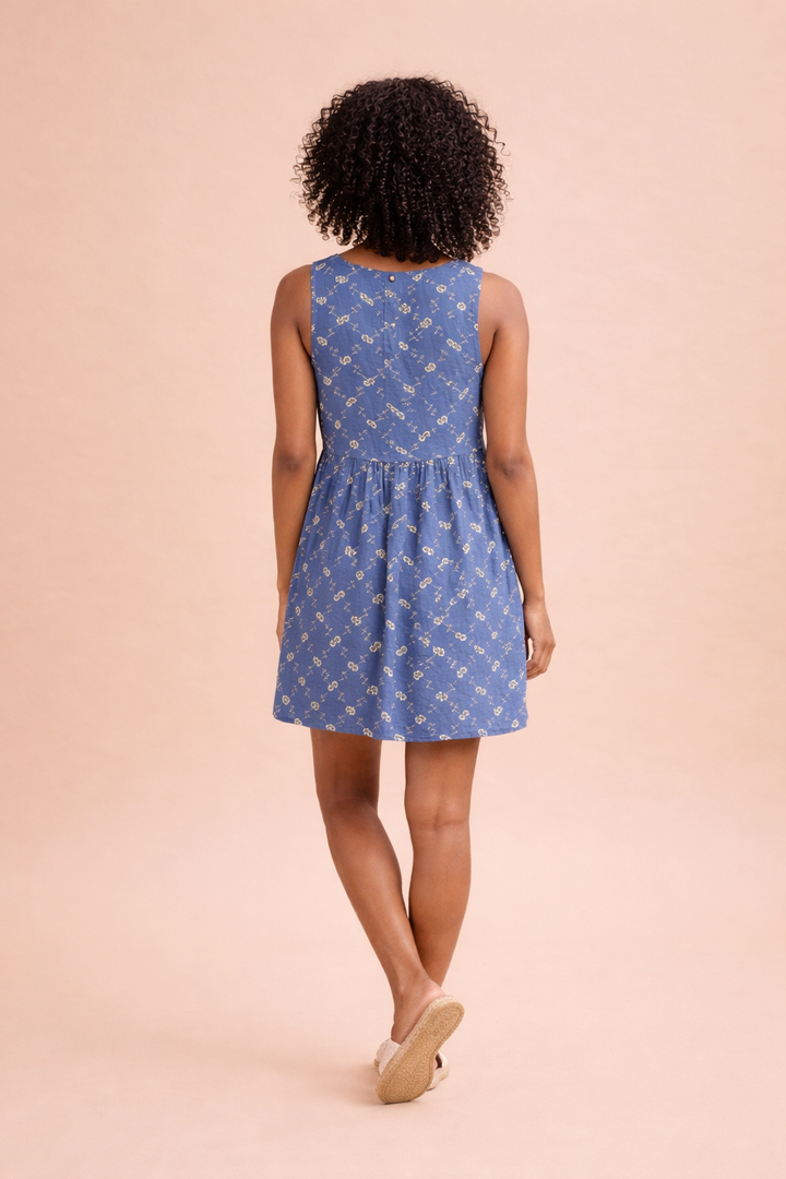 Zara Chambray Floral Embroidered Bow Front Mini Dress