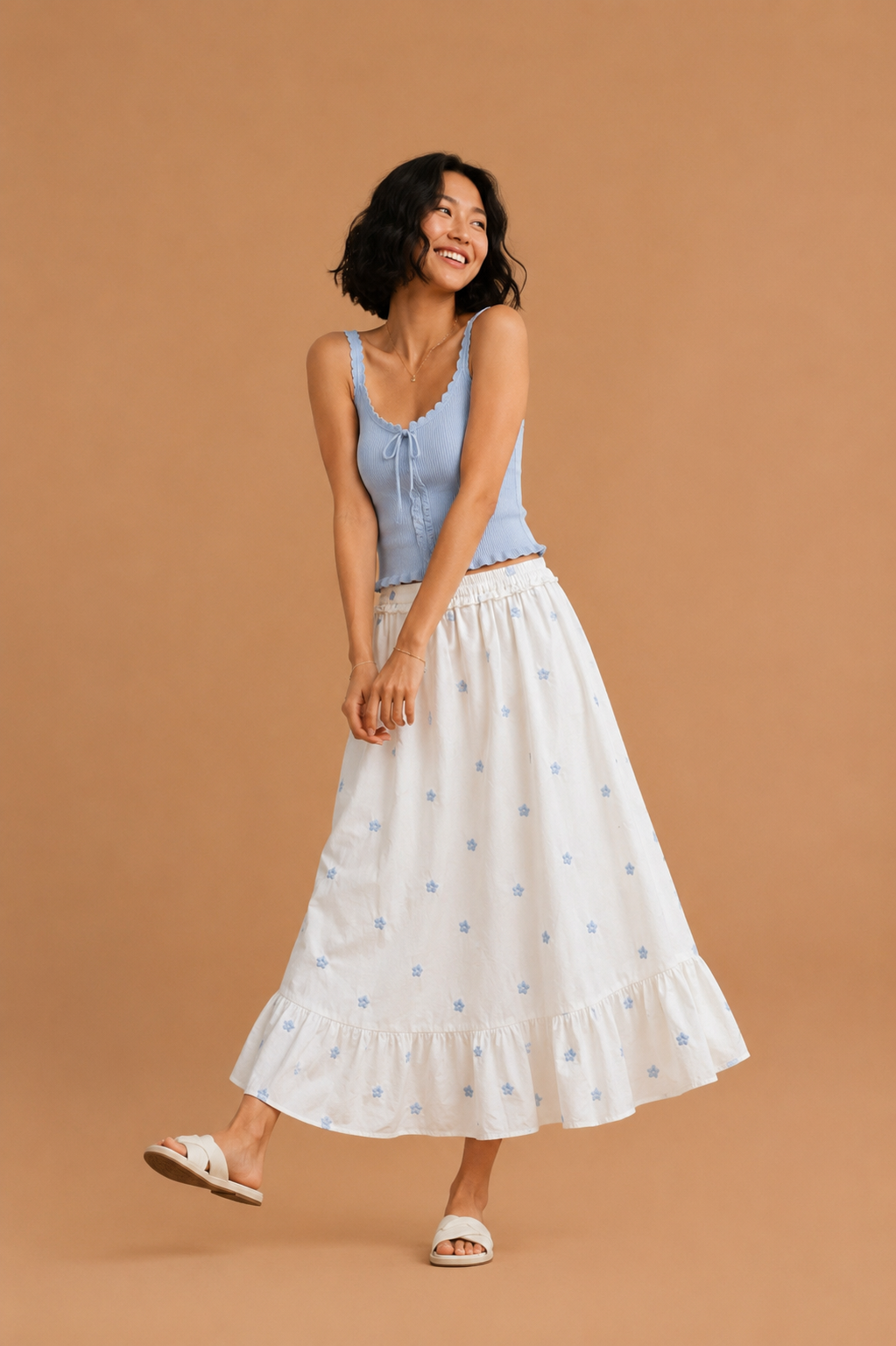 Lennon Floral Embroidered Ruffle Midi Skirt