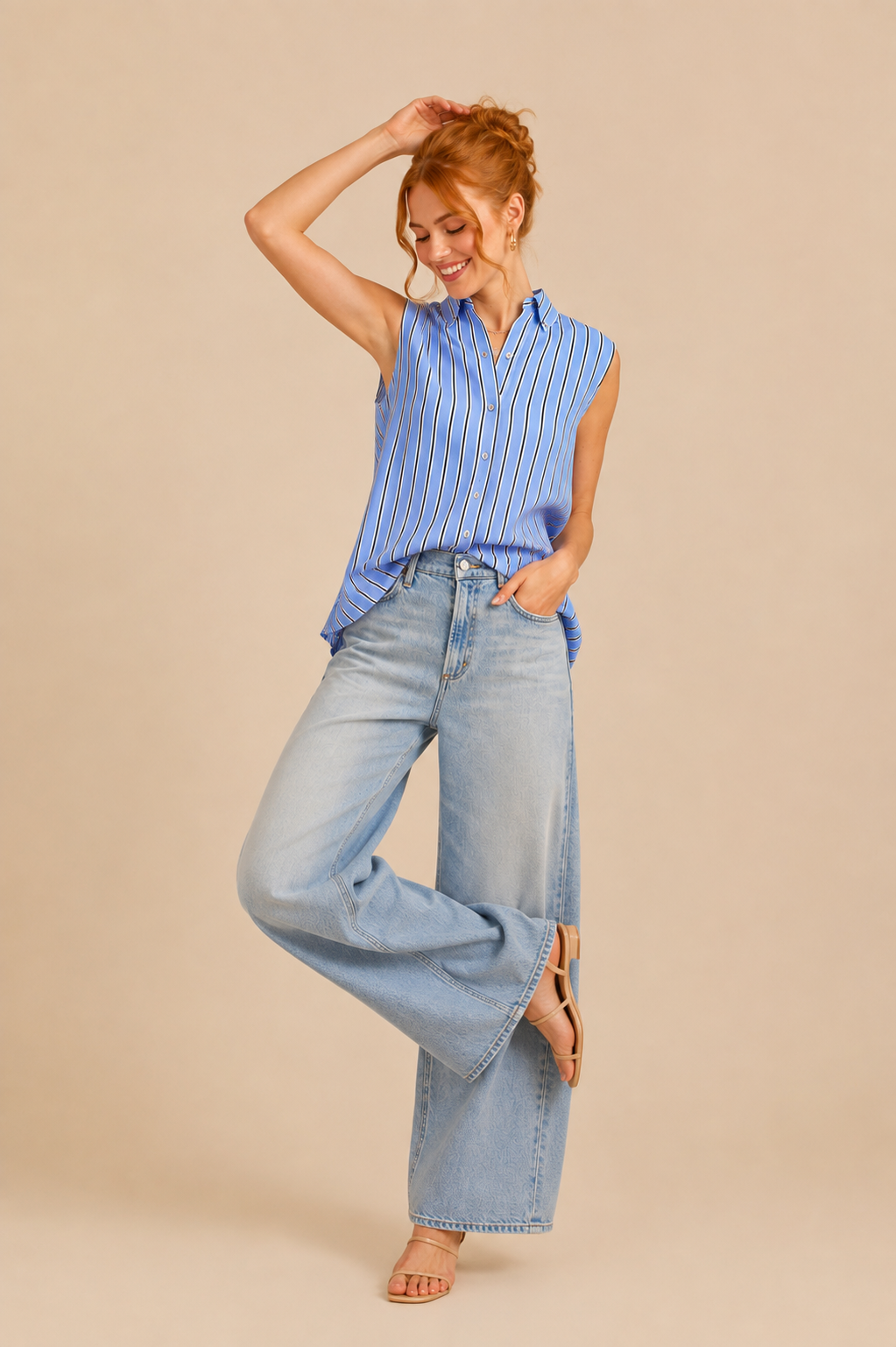 Jade Striped Sleeveless Button Down Shirt