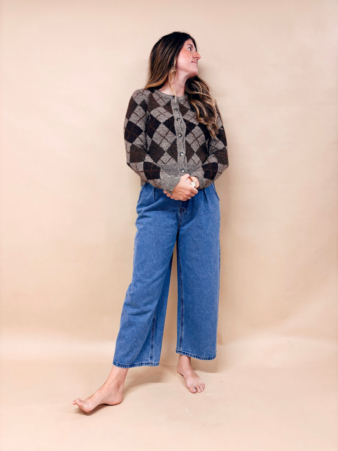 Trin Wool Blend Argyle Cardigan