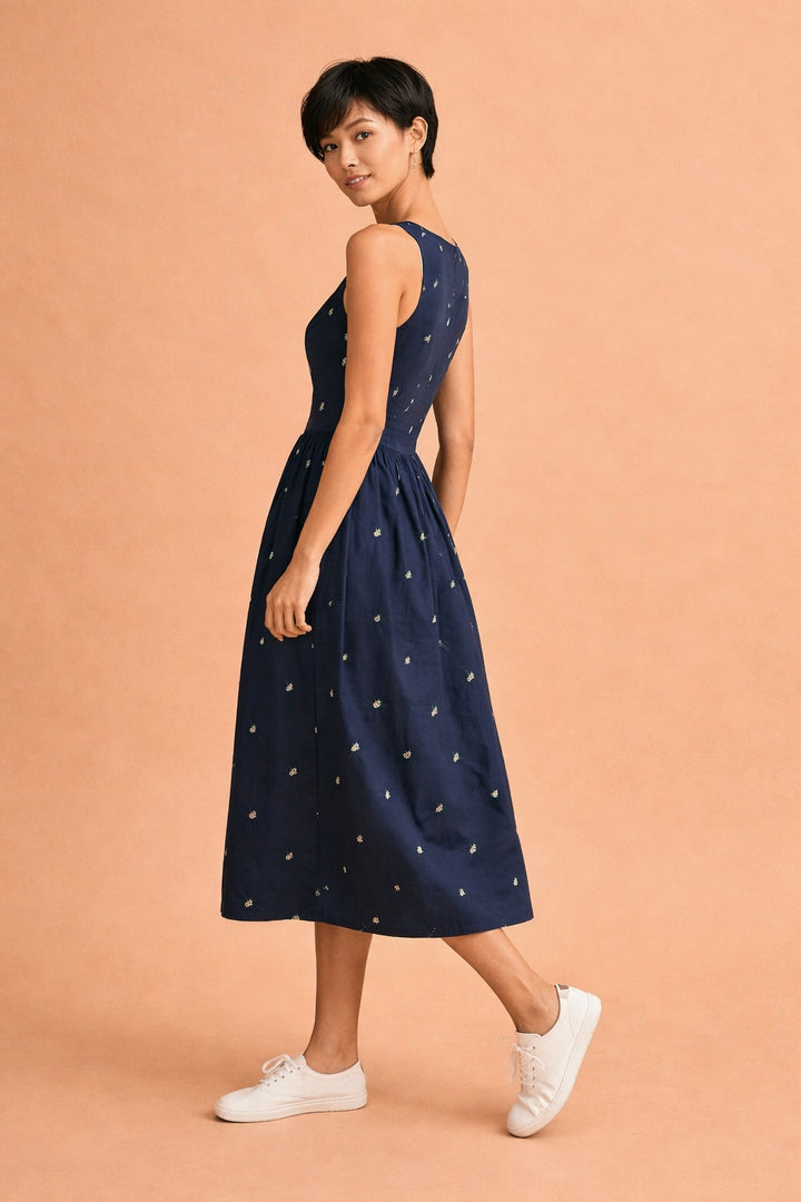 Jamie Floral Embroidered Sleeveless Front Tie Midi Dress