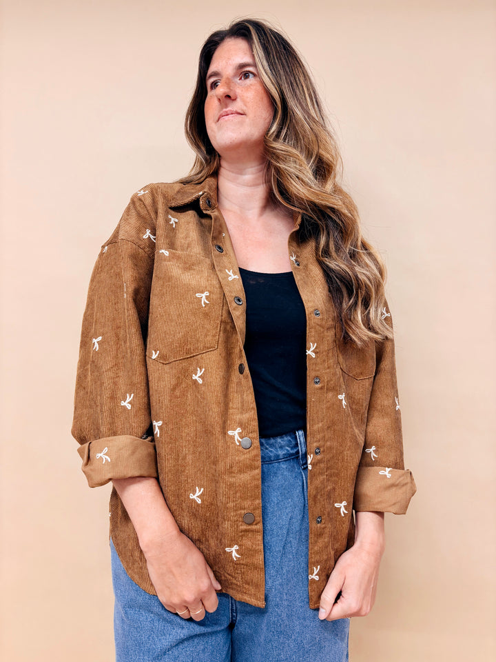 Lexi Bow Embroidered Corduroy Button Down Shirt