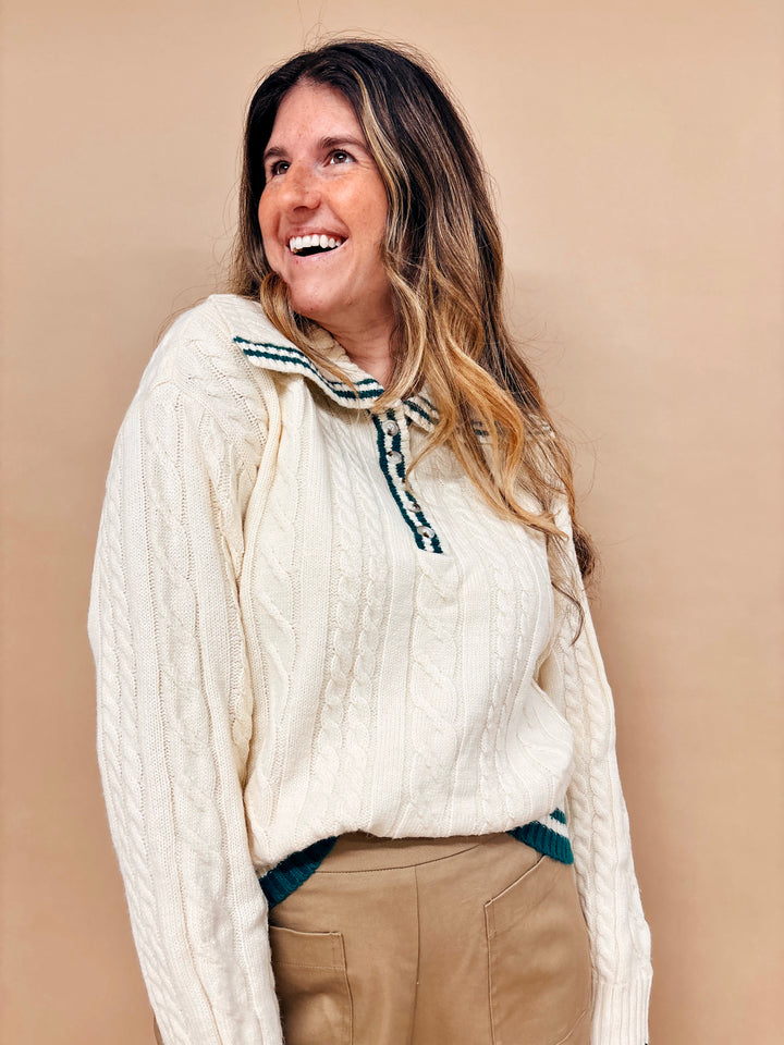 Giselle Cable Knit Wide Collared Polo Sweater