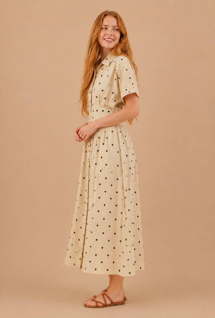 Elodie Polka Dot Pleated Button Front Midi Dress