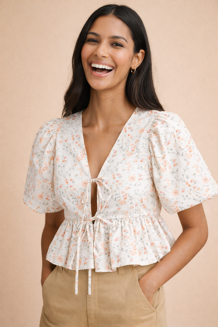 Stacey Floral Front Bow Tie Peplum Top
