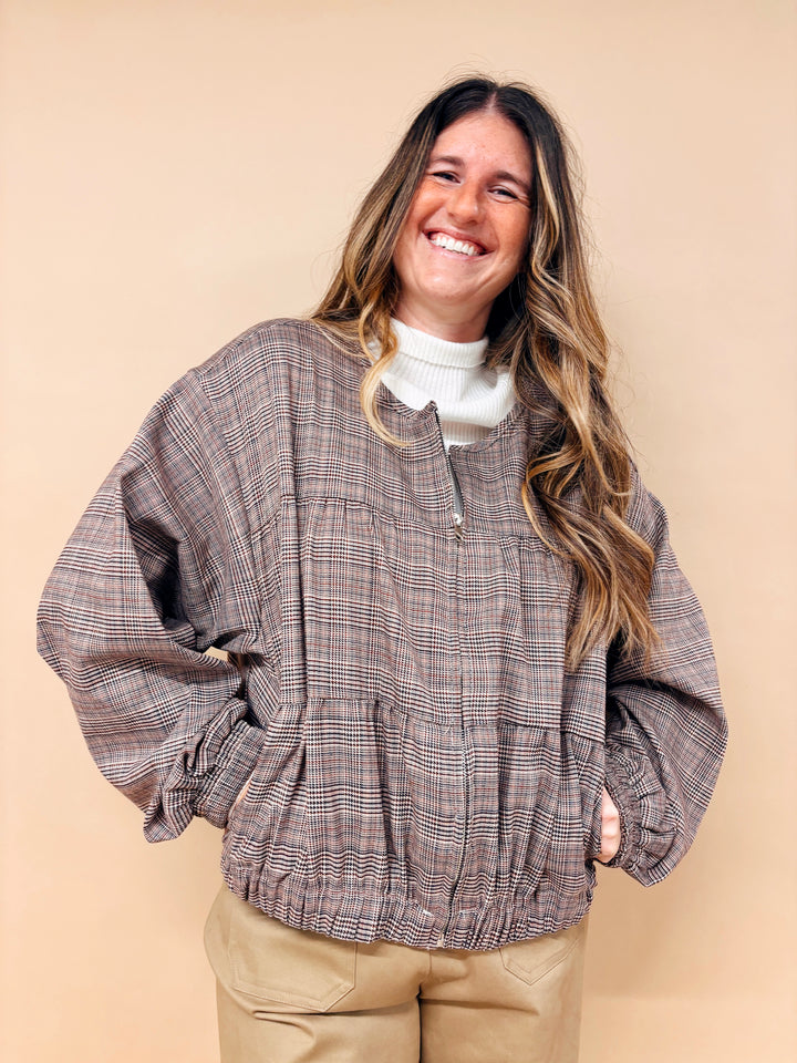 Isabelle Houndstooth Plaid Balloon Sleeve Jacket