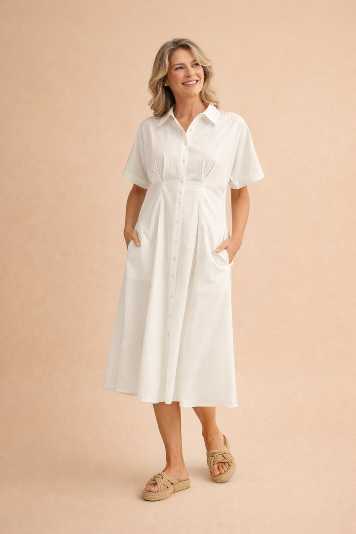 Florence Pleat Detail Button Down Monochromatic Striped Midi Dress