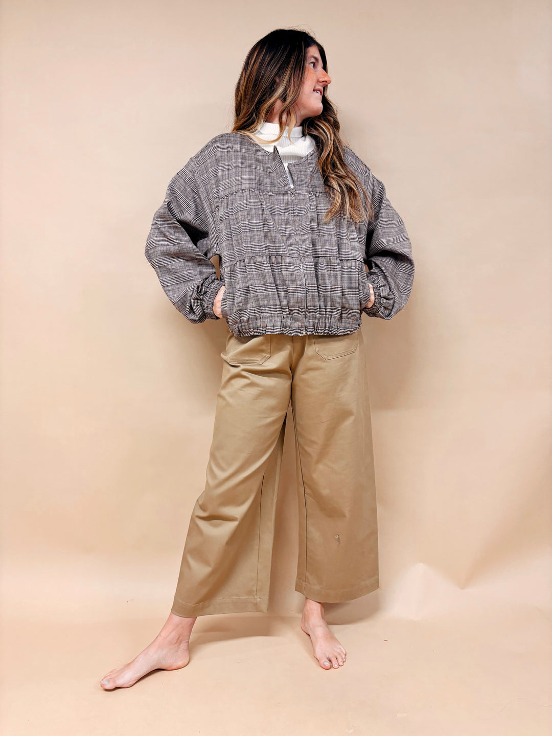 Isabelle Houndstooth Plaid Balloon Sleeve Jacket