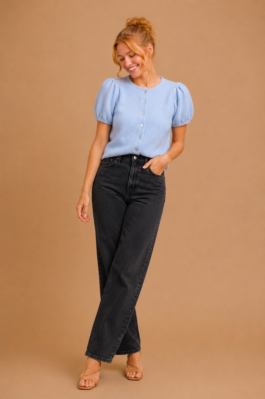 Harper Puff Sleeve Crew Neck Button Down Knit Top