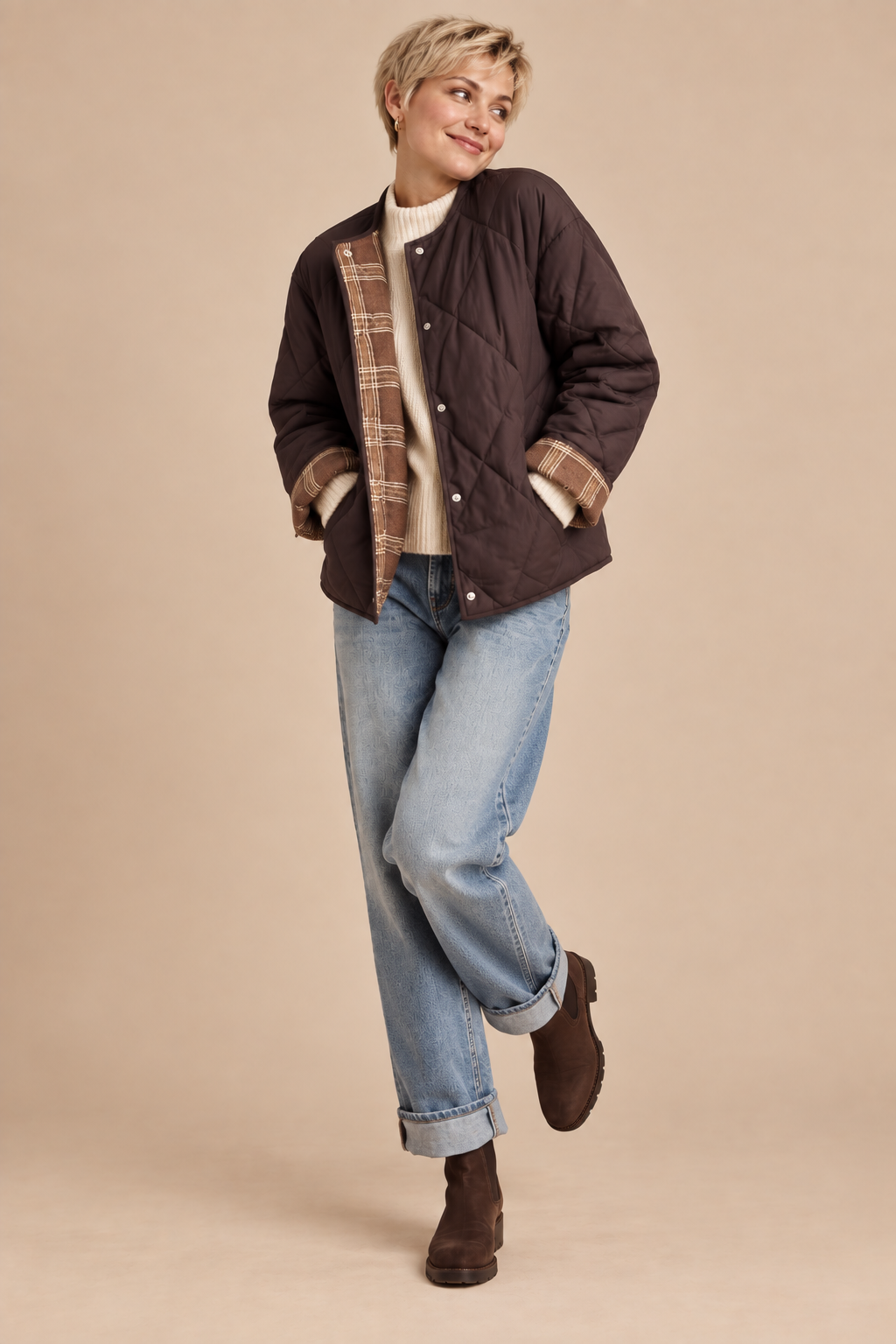 Stacey Collarless Plaid Contrast Puffer Jacket