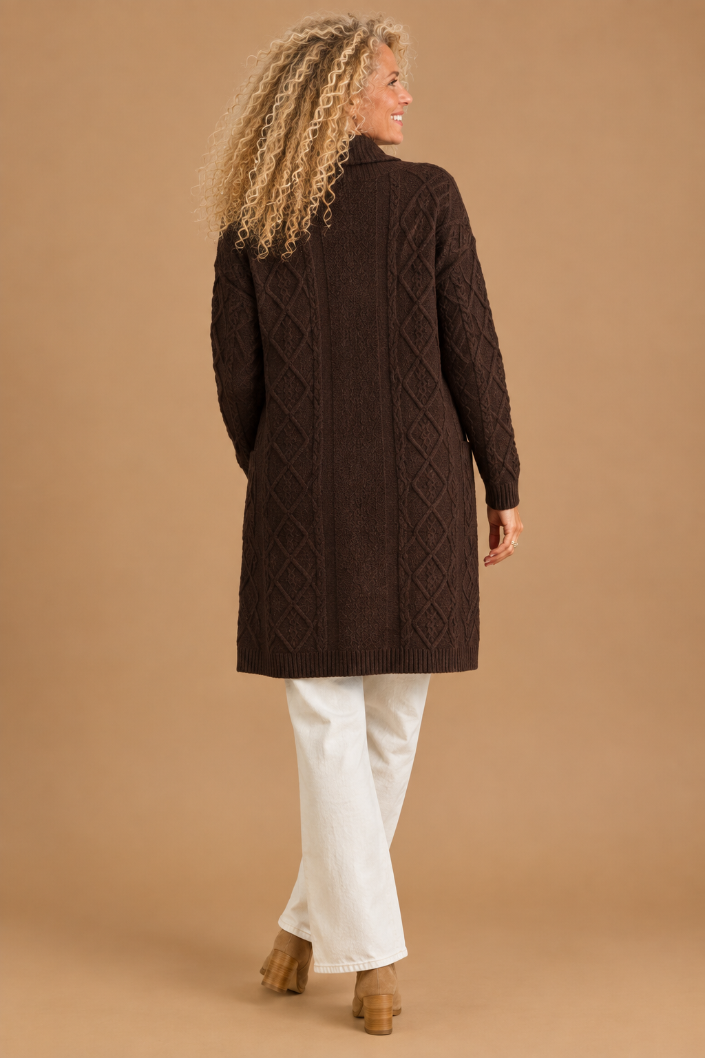 Natalia Longline Cable Knit Shawl Collar Cardigan