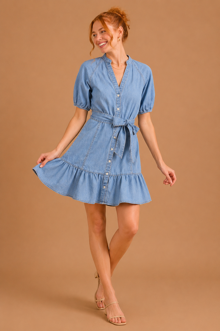 Nova Tie Waist Ruffle Hem Button Down Denim Mini Dress